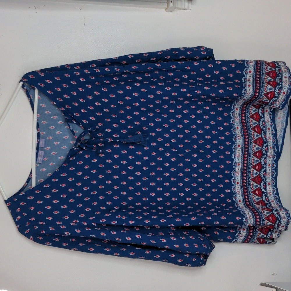 Laura Scott Woman Plus Woven Shirt Border Print Tassel Boho 1X Blue Red Vintage